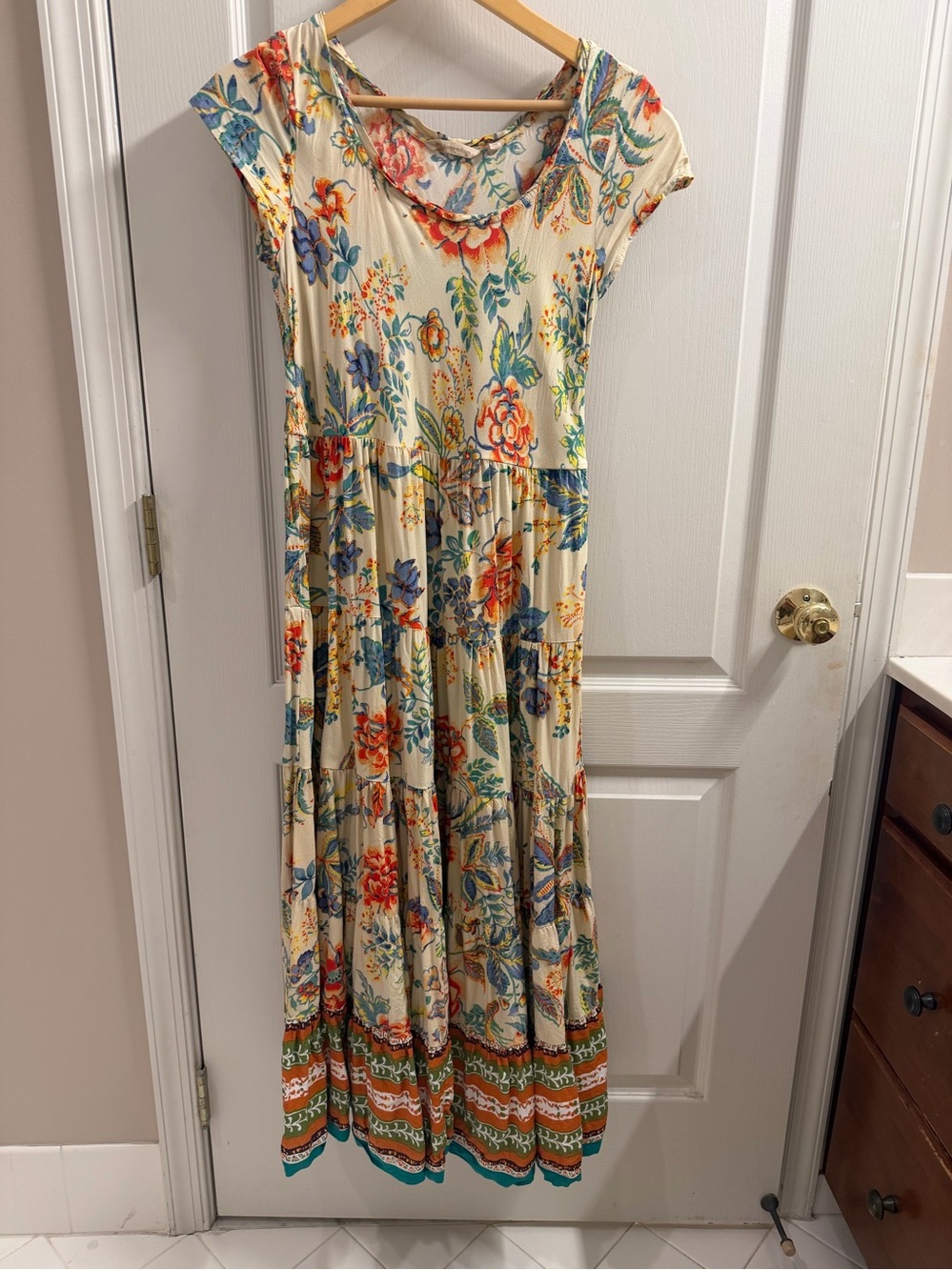 Soft Surroundings Cream Floral Tiered Maxi Dress with Blue and Orange Accents